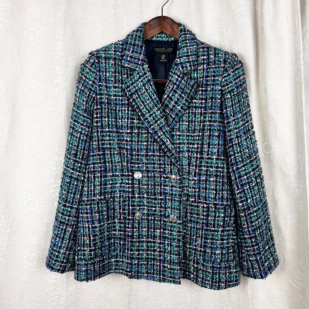 Rachel Zoe oversized green metallic plaid tweed double-breasted blazer menswear